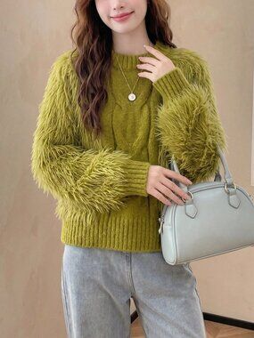 Mustard Yellow Casual Women's Cable Knit Fuzzy Sweater